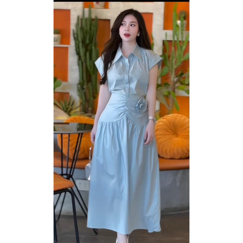 BỐNG - Set thiết kế áo somi mix chân váy dáng dài chất thô hàn kèm tag hoa Nữ Women Kem 8