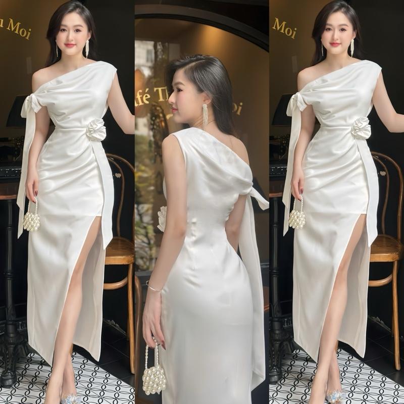 ( ĐÍNH HOA - CỘT VAI & KÈM QUầN ) Váy Xinh Ôm Body Dáng Dài Xẻ Tà TRÁI Xếp Li Eo Chất Cotton Thai Lót Đúp Mềm Mịn Sang Trọng Dành Cho Nữ - TUONGVY234
