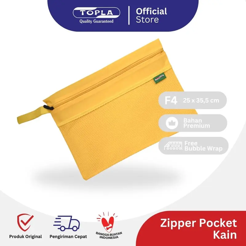Topla Zipper Pocket Kain Map Dokumen Ukuran Folio F4 Warna Biru Hijau Kuning Merah Ungu Peralatan Stationery Kantor 35x25 cm Free Bubble Wrap 1
