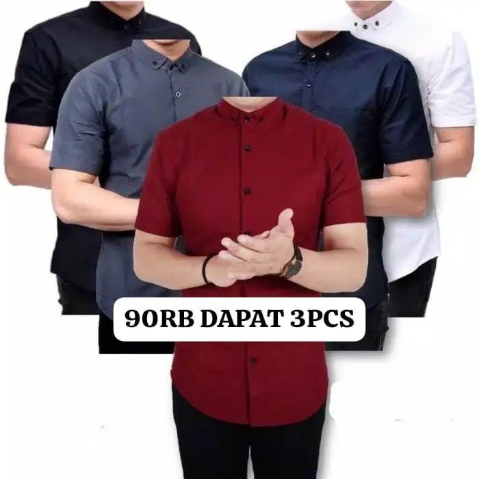 Paket Hemat 90RB Dapat 3 Pcs Kemeja Polos Lengan Pendek Pria Dewasa Distro Baju Pria Casual Katun Cowok Keren Hitam Panjang