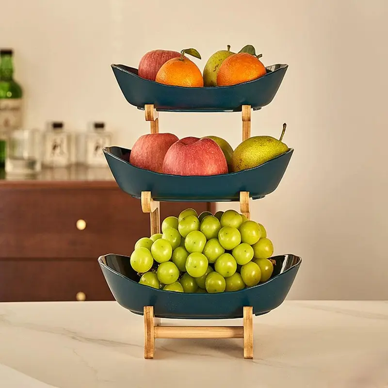 Fruit Bowl Set, 1 Count 2/3 Layer Fruit Snack Storage Bowl with Wooden Stand, Multifunctional Fruit Organizer for Home Kitchen Restaurant, Rack 6