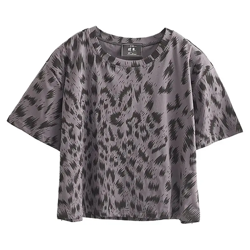 8179#[Official Picture Real Price] Milk Silk Loose Leopard Print Vintage Hot Girl Harajuku Style Bare Midriff High Waist Short