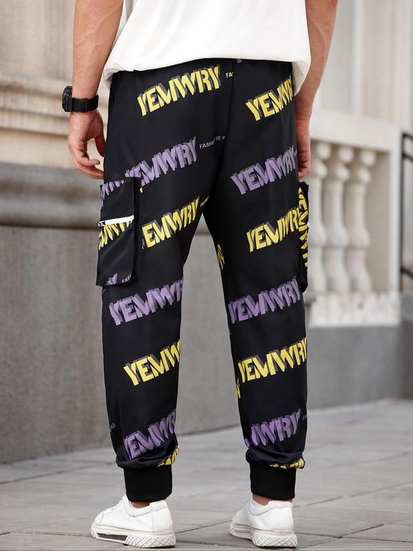 Men's Regular Fit Letter Print Cargo Pants, Casual Street Comfy Trousers for Gym Workout Running, Fashion Men's Bottoms for All Seasons 1