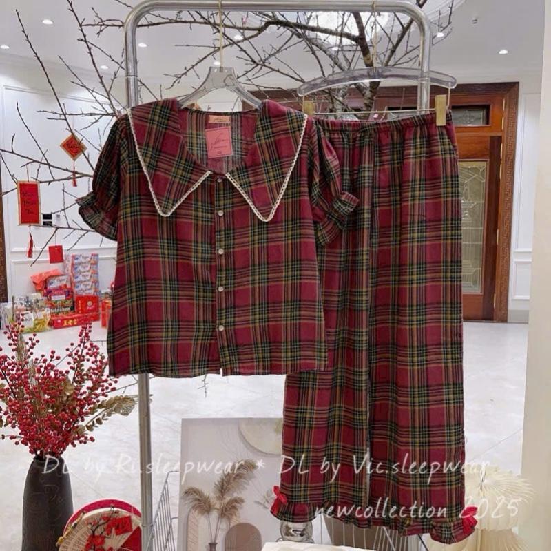 Mặc Nhà Pijama Nữ Cổ Bèo Phối Sọc Kẻ Xanh Noel Chất Thô Dạ Mềm Mại Women 4
