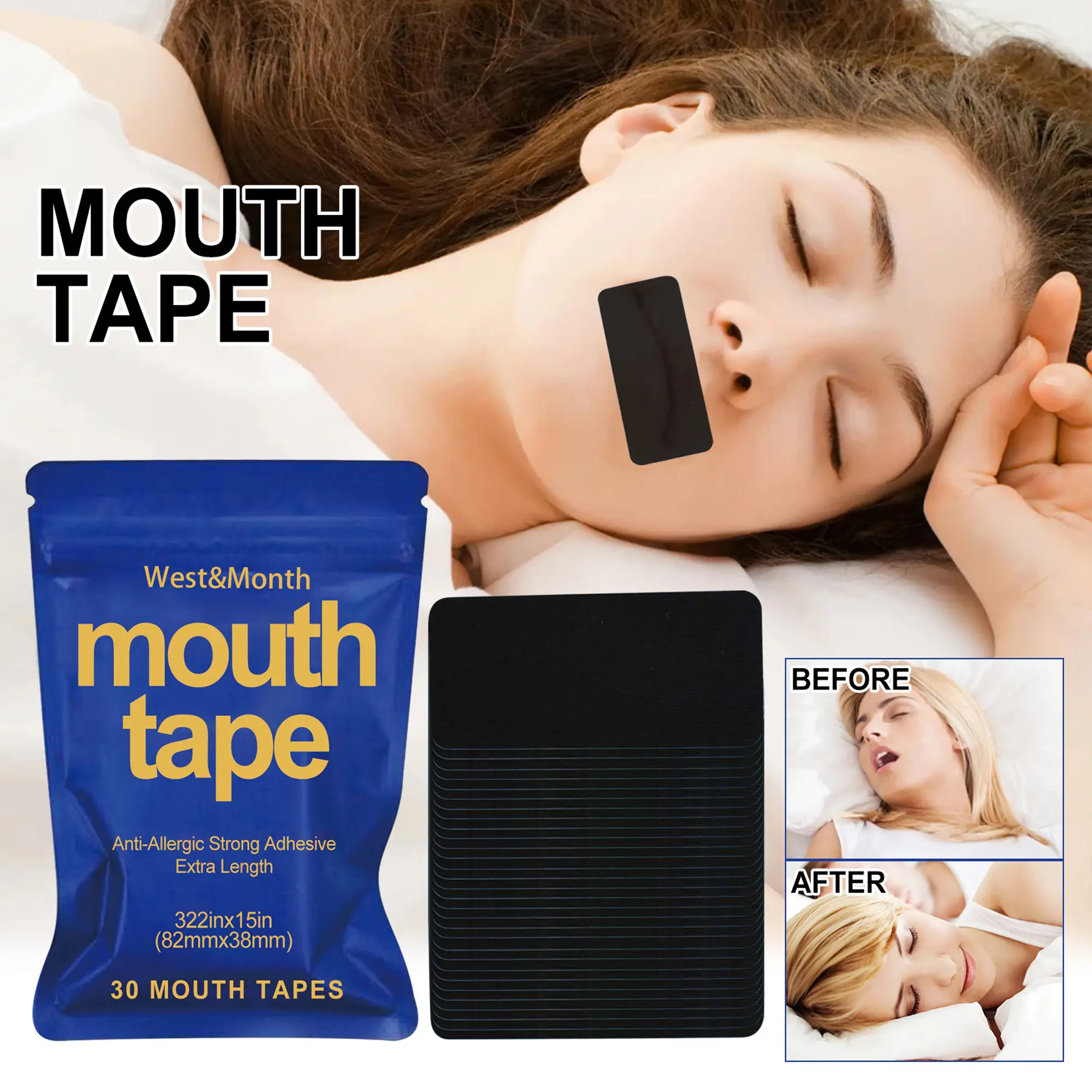 30 Pcs Mouth Tape for Sleeping, Hypoallergenic Gentle Adhesive Snoring Tape, Mouth Breathing Tape for Kids Adult Elderly