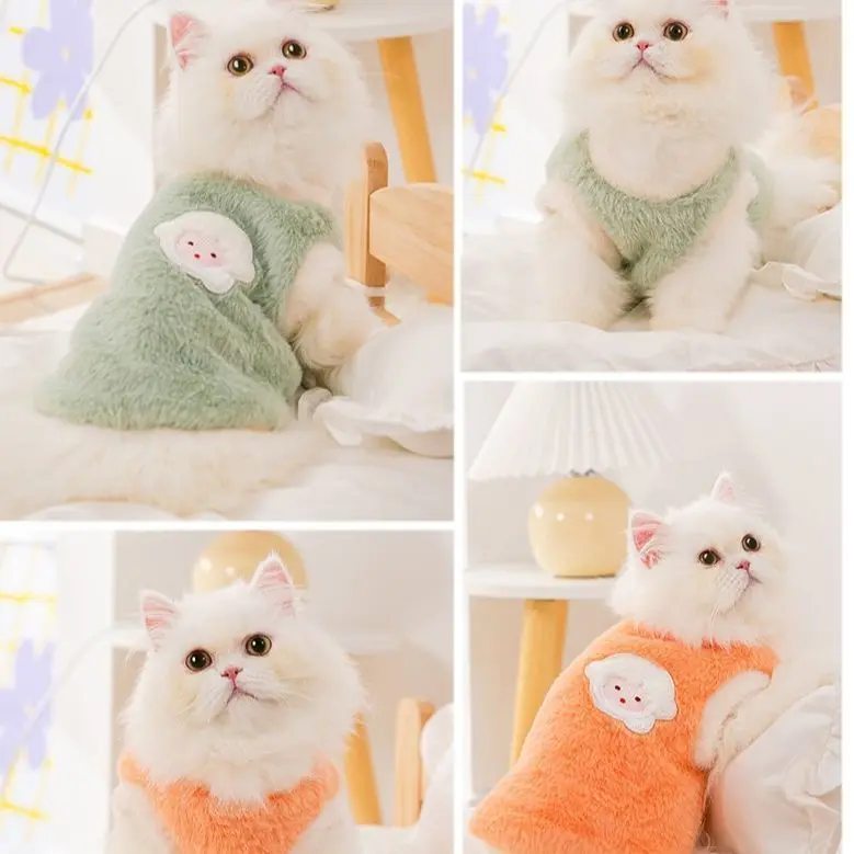 Quần áo cho mèo, Áo vest len nhung ấm áp, chống sốc, Thích hợp cho mèo con và mèo Anh Shorthair, Màu xanh da trời, Phong cách Muppet, Quần áo mùa đông cho thú cưng, Giảm giá Xả Hàng 4