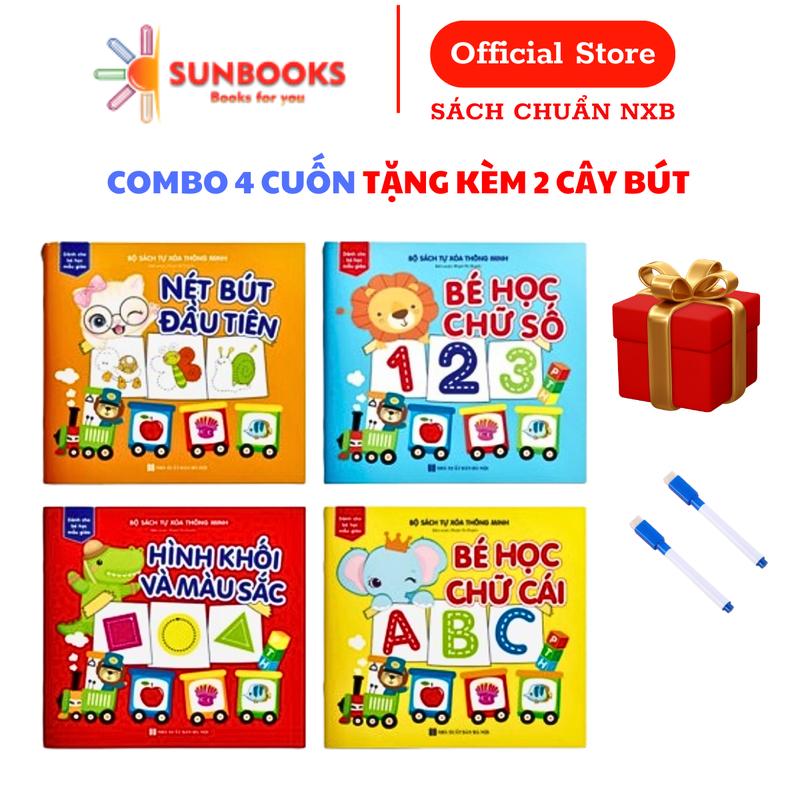Sunbooks Bộ 4 Cuốn Sách Tô Xóa Thông Minh - Bé Học Chữ Số Chữ Cái Nét Bút Đầu Tiên Hình Khối Màu Sắc Tặng Kèm 2 Cây Bút Viết Xóa Cho Bé 32 Trang/ Cuốn Xuất Bản 2024