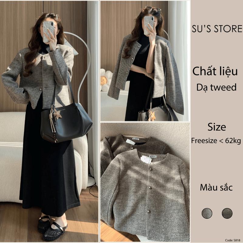   Kèm móc + bọc phủ  Áo Khoác Dạ Tweed Màu Tiêu Cổ Tròn Cúc Đồng A3191 Susstore Thời Trang Nữ 