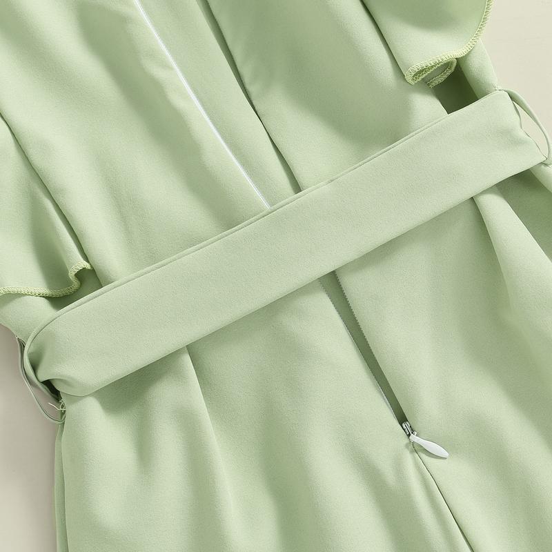Product Introduction of Áo Jumpsuit Quần Hàng Ngày Cho Trẻ Em, Màu Trơn Cổ Tròn, Không Tay, Áo Liền Quần Flounced, Có Thắt Lưng, Thích Hợp Cho Mùa Hè, Độ Tuổi: 1-6 Tuổi, Màu Xanh Lá Cây / Be 44