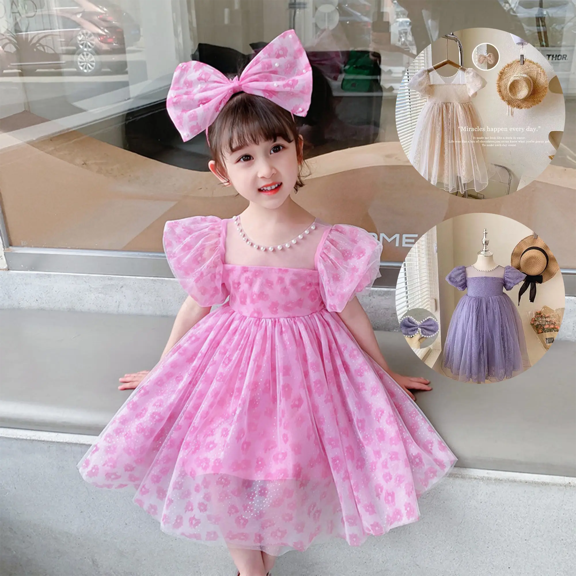 [PRINCESS KESLI] 1-9 Tahun Dress Pesta Magenta Baju Anak Perempuan Gaun Ulang Tahun Kids Pink Ungu Lengan  Bayi Bando Pita