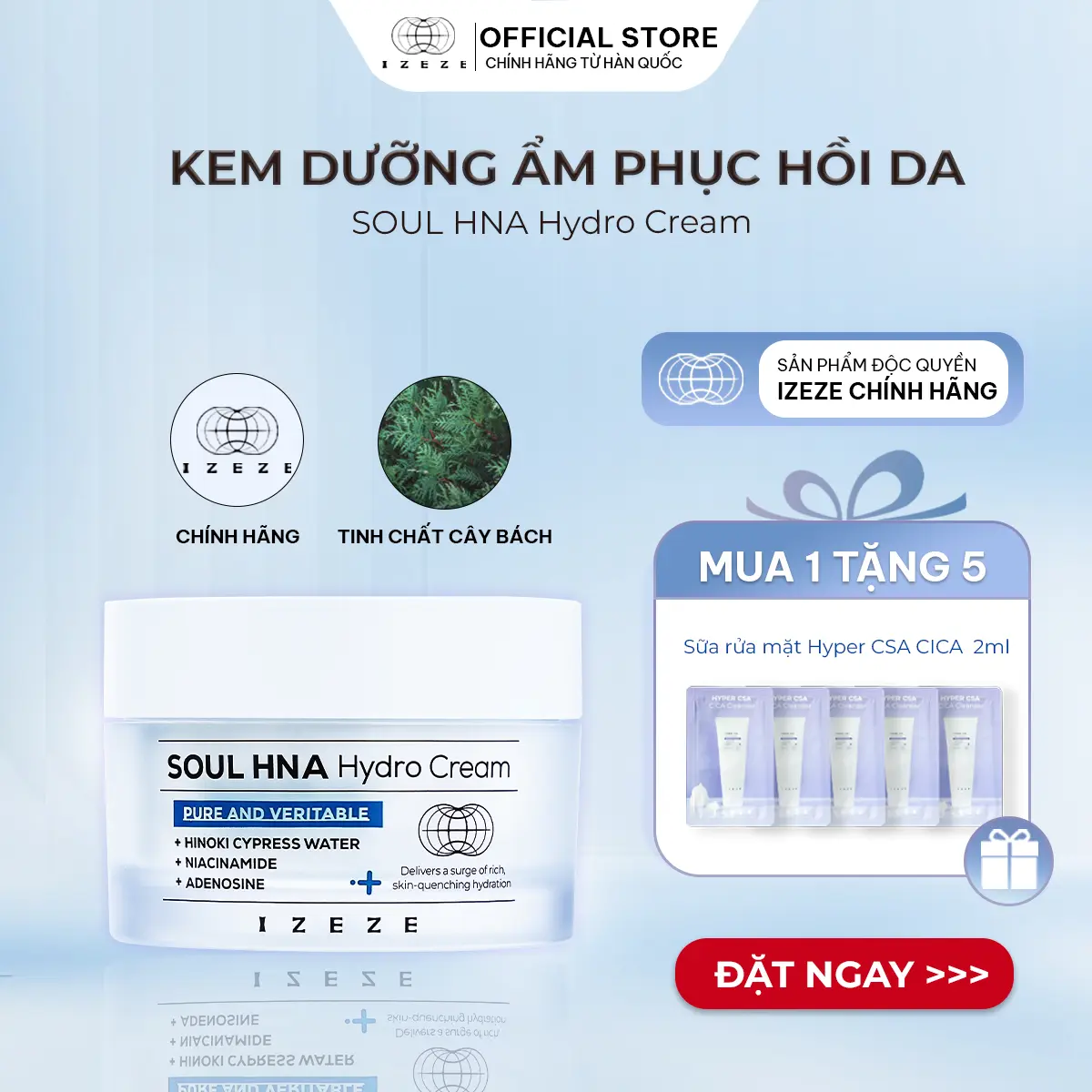 [IZEZE] Kem dưỡng ẩm SOUL HNA Hydro 50ml (Chiết xuất nước cây Bách cấp nước siêu tốc, căng bóng cho mọi loại da)