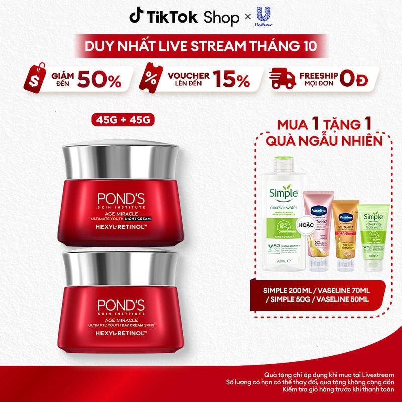 Bộ Skincare 2 Kem Dưỡng Ngày & Đêm Pond's Age Miracle Với 50X Hexyl-Retinol Hỗ Trợ Chăm Sóc Da, Giảm Vấn Đề Về Đốm Nâu Và Nếp Nhăn 45Gx2 Nữ [1]