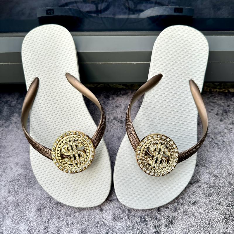 [Mũi Tròn] DÉP XỎ NGÓN NỮ GẮN CHARM ĐỒNG TIỀN MAY MẮN LẤP LÁNH ĐẾ DÉP MŨI TRÒN TÔN CHÂN CHẤT DÉP CAO SU DẺO DAI DéP Shoes GiàY Women dép  xỏ  ngón  gắn  charm