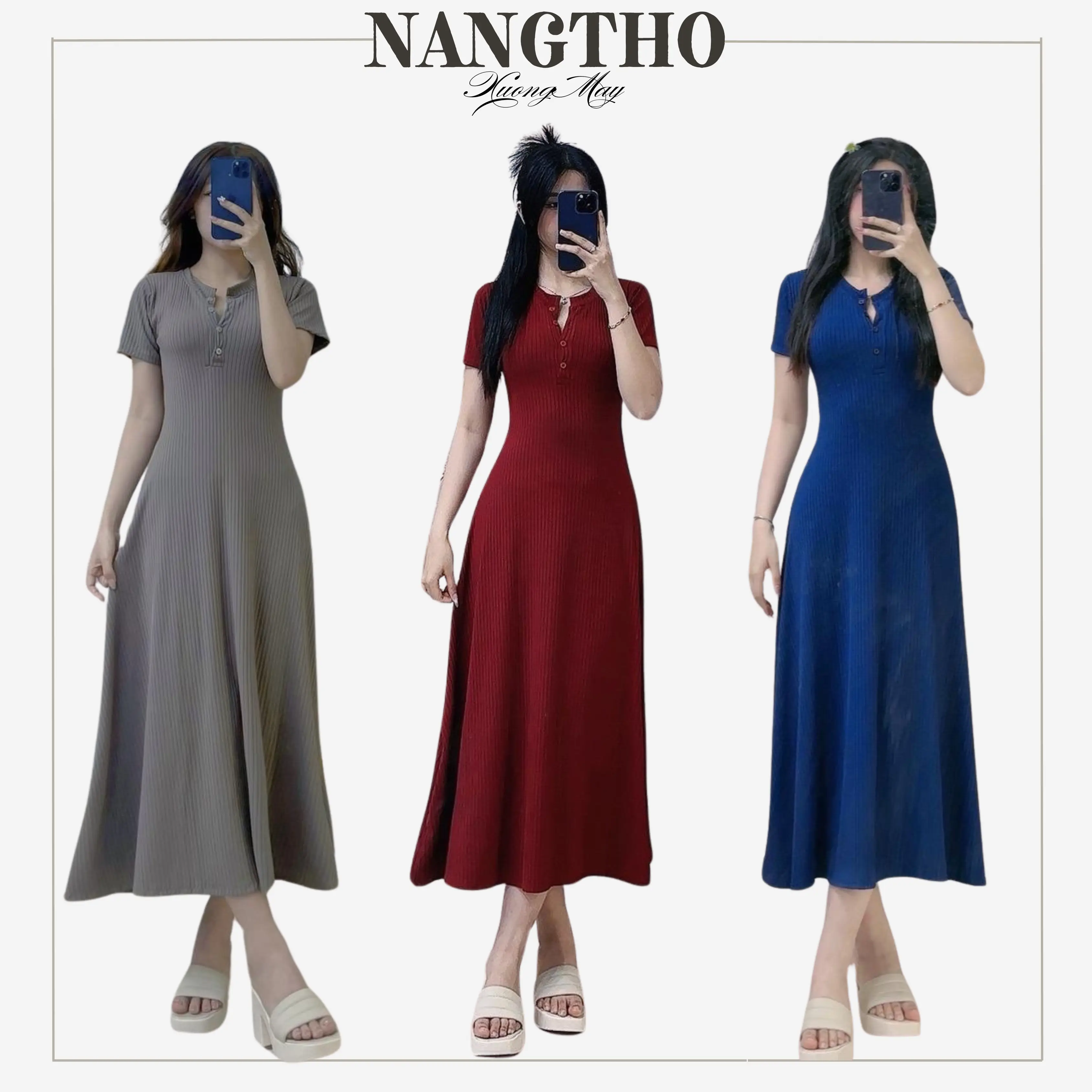 202 Đầm Hack Dáng Ngắn Tay Che Mỡ Bụng Đi Tiệc Chất Gân Đũa Voi Co Giãn Nữ Midi