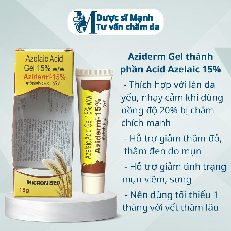 Aziderm gel thành phần Azelaic acid Hỗ trợ Giảm mụn, Giảm thâm, Kem chấm mụn - 15g - Dược sĩ Mạnh