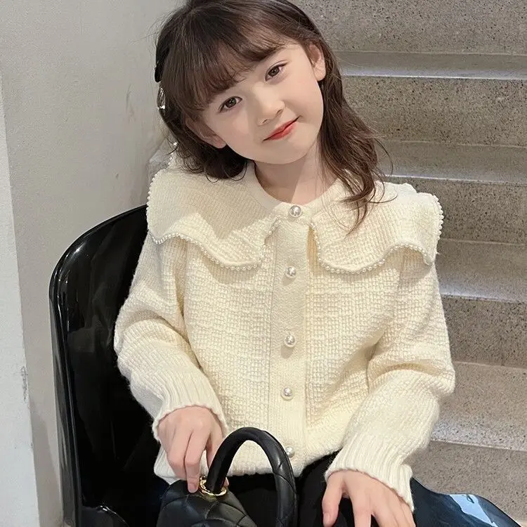Girls' Fashionable Cardigan Girl Knitted Sweater Kids' Sweater Middle and Big Children's Coat 2024 Spring New Bottoming Shirt Fashion