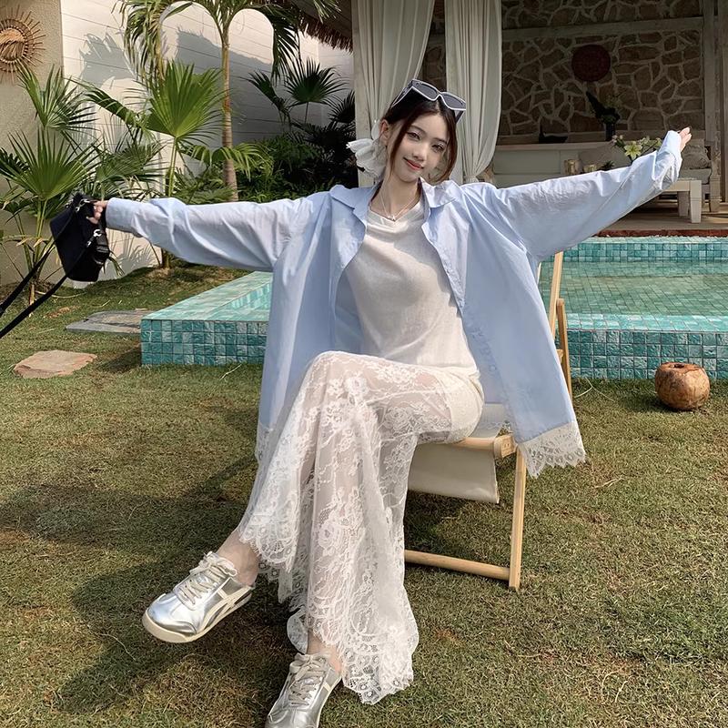 Áo Sơ Mi Dài Tay Dáng Rộng Khâu Ren, Dành Cho Nữ, Vải Polyster Và Cotton, Cổ Polo, Thiết Kế Đẹp, Phong Cách Kỳ Nghỉ, Chống Nắng, Hàng Mới Về Mùa Xuân Và Mùa Hè 2025 5