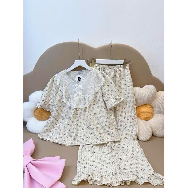 Đồ Bộ Hoa Nhí Ren Cổ Bèo Tiểu Thư Chất Thô Mềm 3