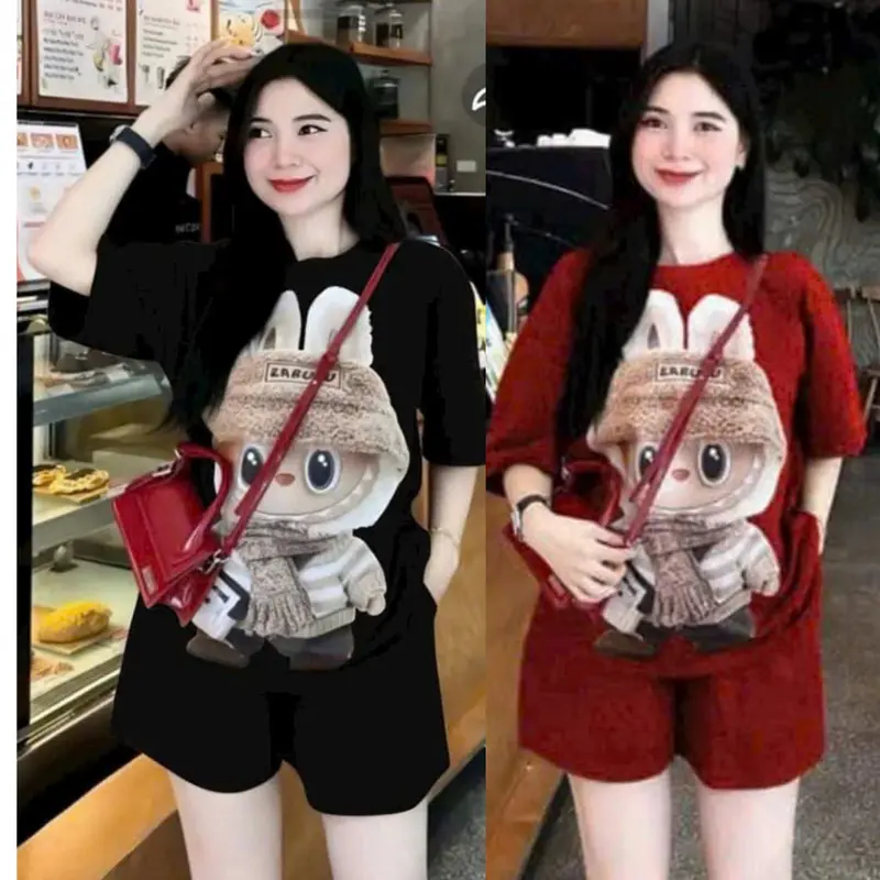 Set đồ bộ nữ mùa hè mặc nhà bộ quần áo thể thao quần đùi áo phông phom rộng 40-70kg in labubu 4