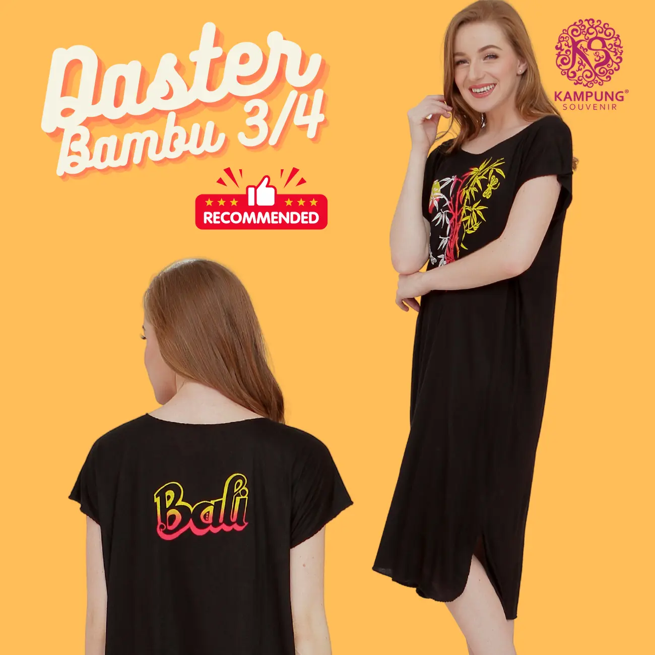 DASTER BALI BAMBU 3/4 JUMBO-BEST RAYON BALI -BEST RATUNYA DASTER BALI kaos panjang wanita busui dress pendek motif  tidur  bumil  batik santai Hitam