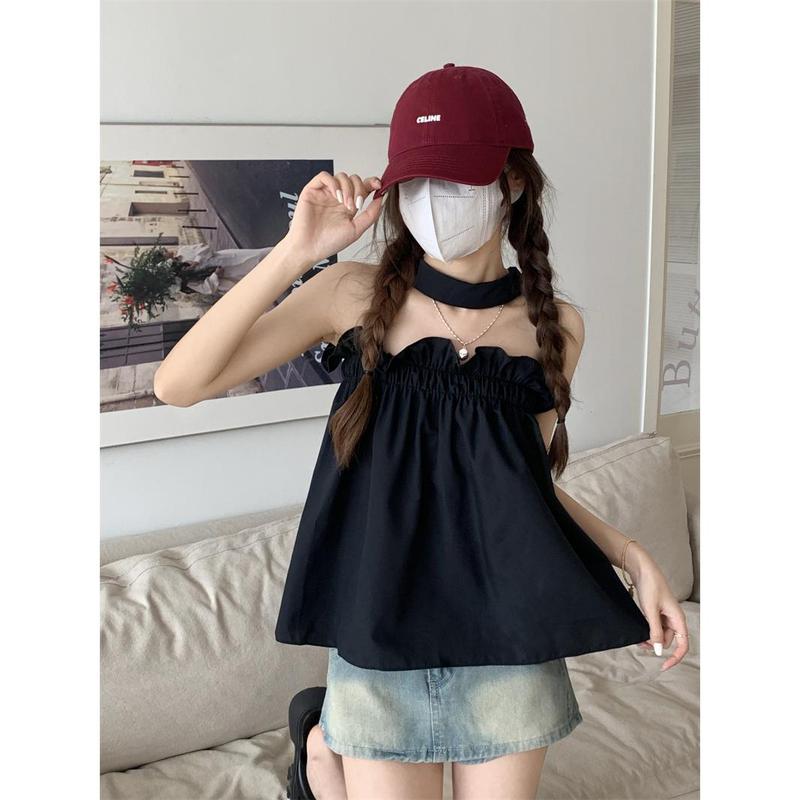 Cocoshop-Áo Ống Cổ Dây Gợi Cảm Cho Nữ, Áo Vest Lệch Vai Nhỏ, Áo Sơ Mi Búp Bê Ngắn Dáng Rộng Dễ Thương Và Gợi Cảm Kiểu Pháp Mùa Hè Để Mặc Một Lần Và Áo Dưới Nhỏ (60129) Top Denim Women 3