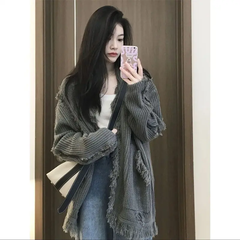 Áo Len Dệt Kim Cho Nữ, Áo Cardigan Dài Tay Dáng Rộng, Phong Cách Lười Biếng Mới, Màu Xám Thích Hợp, Áo Khoác Hàng Đầu, Mùa Xuân Và Mùa Thu