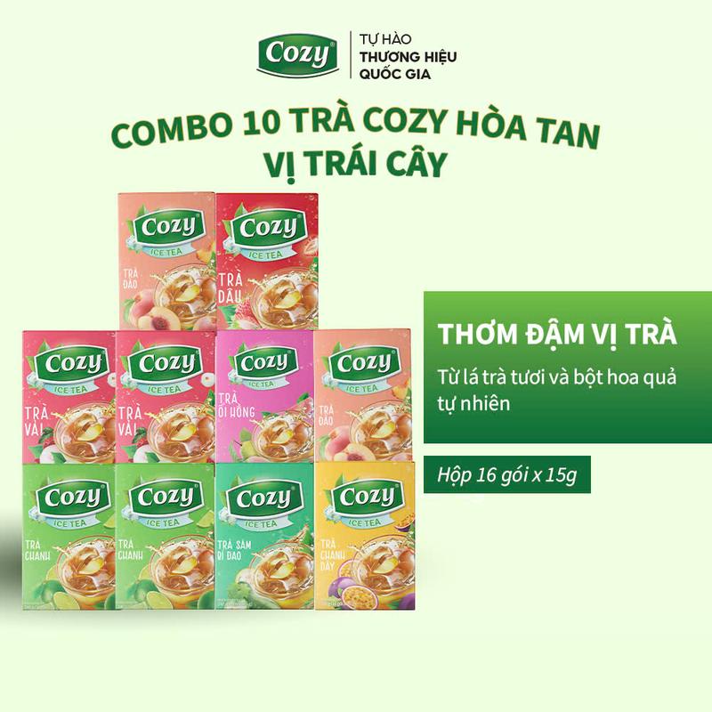 Combo 10 Trà Trái Cây Hòa Tan Cozy Tea Mix Các Vị Đào, Vải, Chanh, Chanh dây, Ổi hồng, Dâu, Sâm Bí Đao, Chanh Hương Nhài, Trà Sữa Matcha, Trà Sữa Anh Quốc Nước Trà Thơm, Chè Sạch Tươi Nguyên Chất