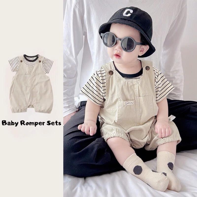 [ Áo + yếm ] Bộ body ngắn tay Babyshop88vn cho bé trai bé gái M26.9.24-1 Jumpsuit Mẫu áo kẻ