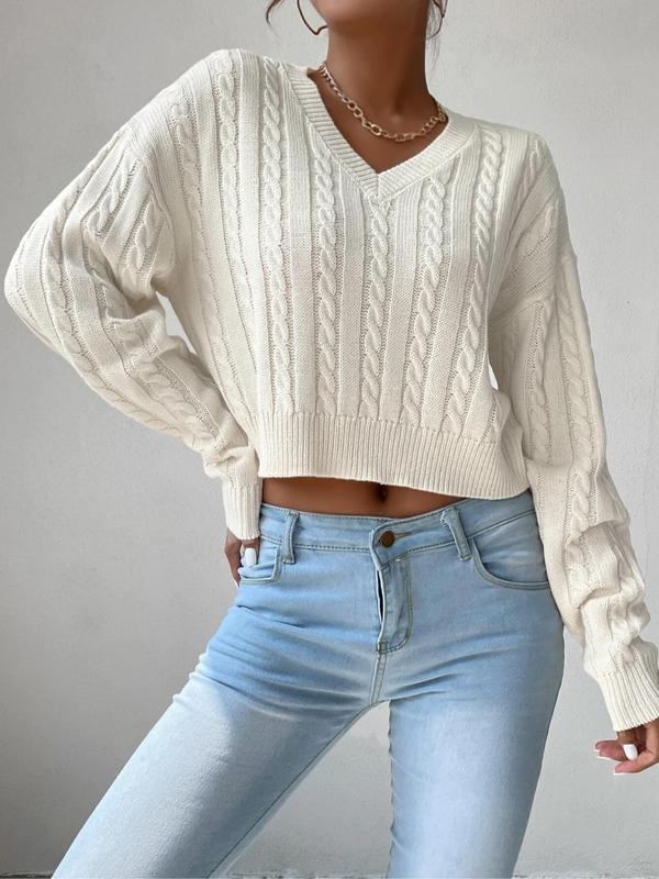 Women's Basic Thin Textured V Neck Cable Knit Sweater, Lady Minimalist Casual Comfort Drop Shoulder Long Sleeve Knitting Jumper, Cozy-chic Women's Pullover Knitwear Top for Womenswear Fall & Winter,  Jumpers for Women 2
