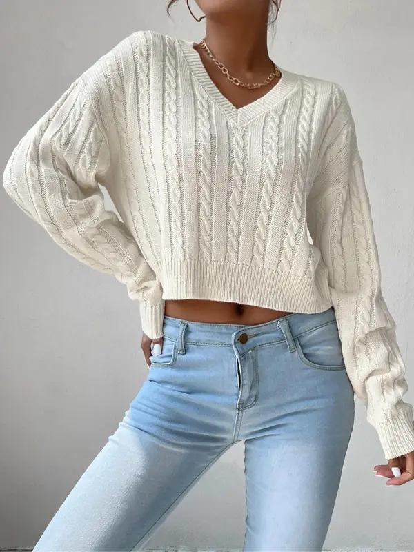 Women's Basic Thin Textured V Neck Cable Knit Sweater, Lady Minimalist Casual Comfort Drop Shoulder Long Sleeve Knitting Jumper, Cozy-chic Women's Pullover Knitwear Top for Womenswear Fall & Winter,  Jumpers for Women 2