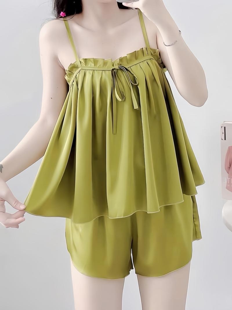 Product Introduction of 40-64 Ký; Bộ Ngủ 2 Dây Áo Xếp Ly Buộc Nơ Quần Đùi Lụa Latin Nữ 23