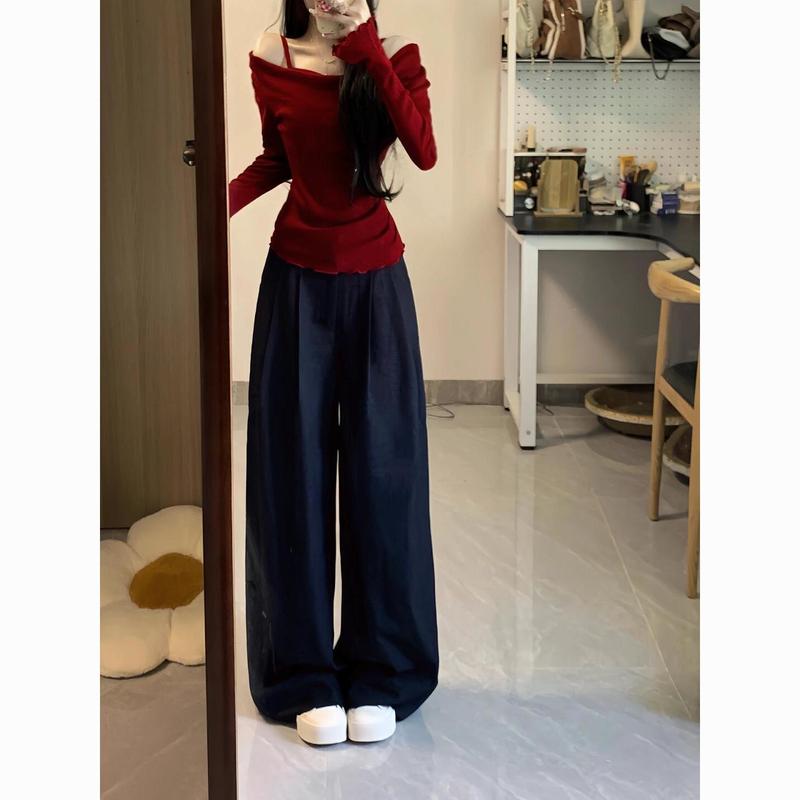 Áo Lớp Nền Dệt Kim Trễ Vai Giả Hai Mảnh, Phong Cách Cô Gái Nóng Bỏng, Dành Cho Nữ, Trang Phục Mùa Thu, Bó Sát, Thiết Kế Đẹp, Bán Chạy Top Women 2