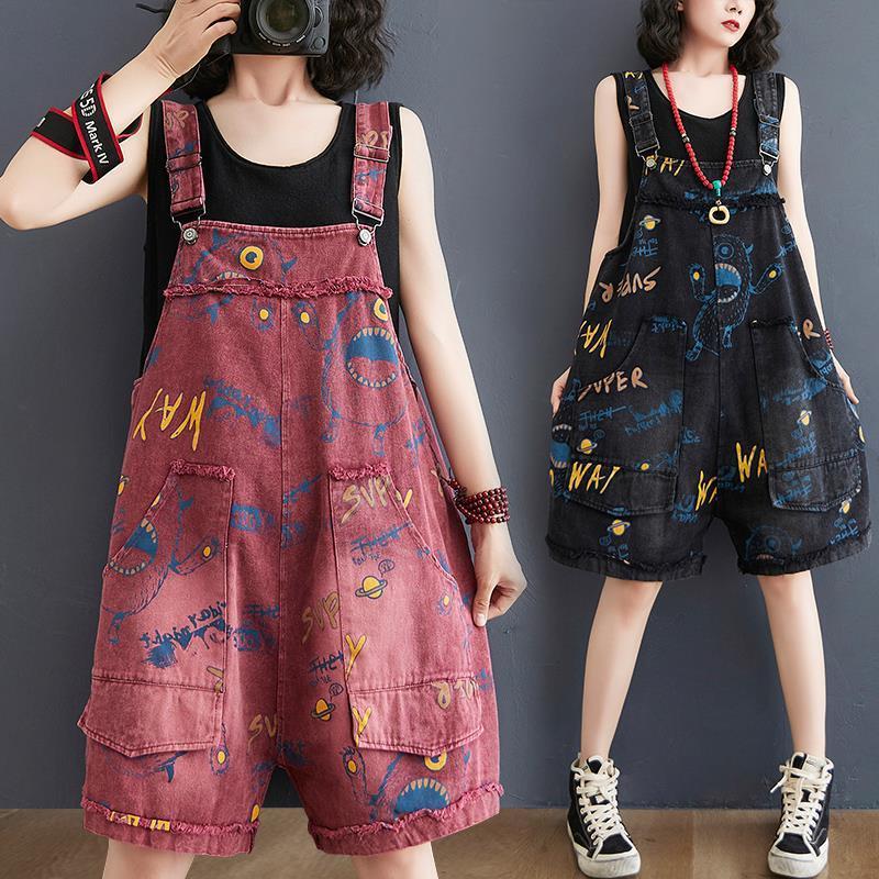 Quần Yếm Denim, Dành Cho Phụ Nữ Trẻ Hơn, Dáng Rộng Vừa Vặn, Cô Gái Đầy Đặn, In Chữ, Quần Áo Nữ Ngoại Cỡ Quần Ống Rộng Thứ Năm Thường Ngày Mùa Hè 2024 0