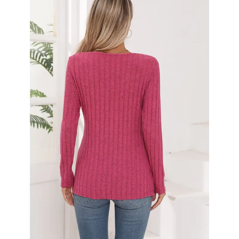 Button Side Asymmetrical Hem T-Shirt, Elegant Rib Crew Neck Long Sleeve T-Shirt For Spring & Fall, Women's Clothing Collar Fabric 2