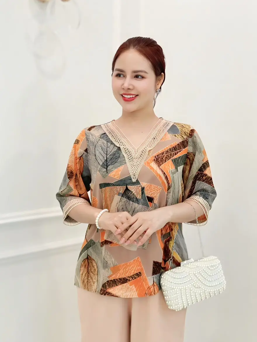 ĐỒ BỘ TRUNG NIÊN CAO CẤP ÁO TAY LỠ PHỐI REN QUẦN DÀI LỤA DÀNH CHO BÀ VÀ MẸ Tay ngắn