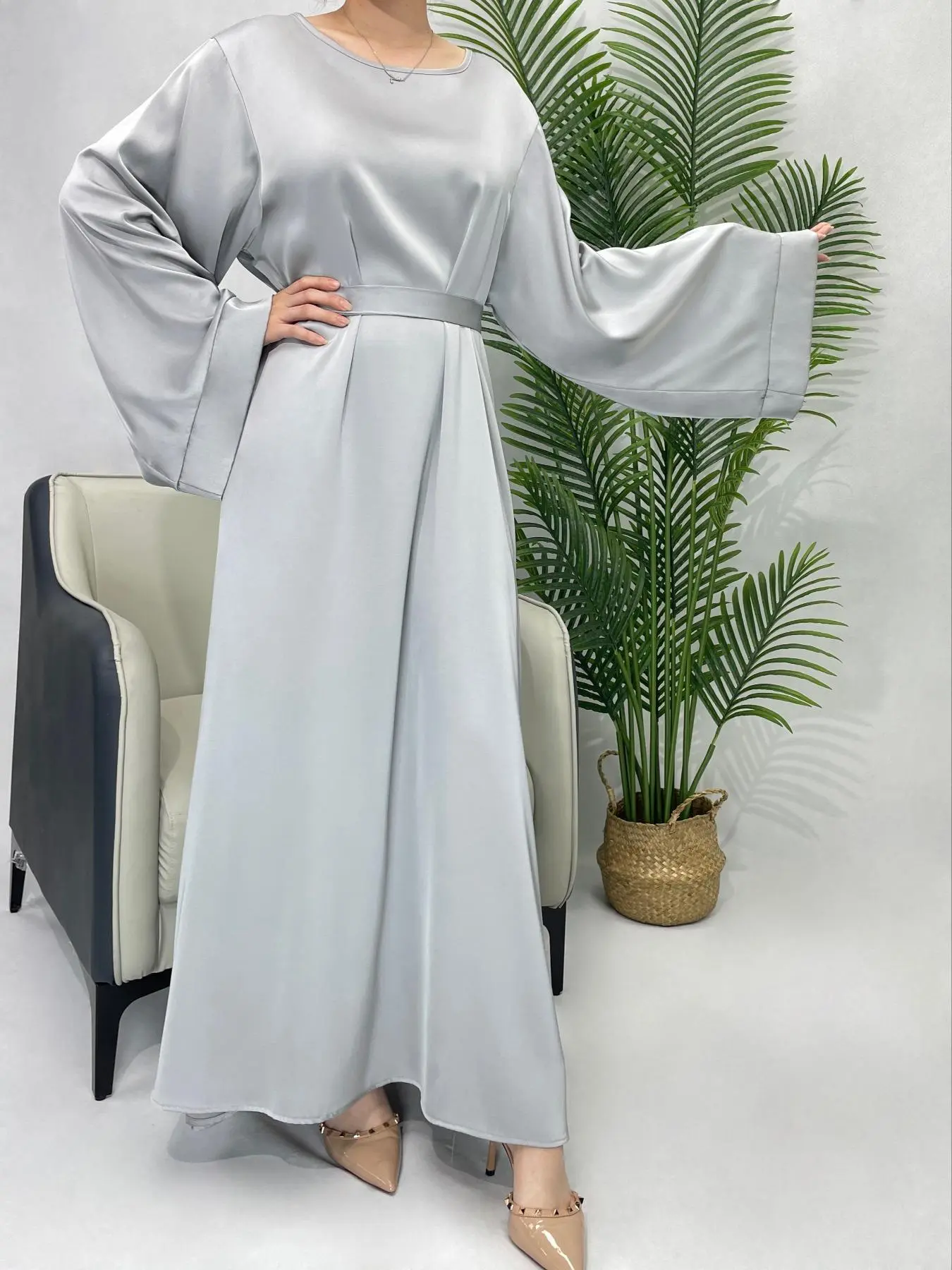 Women's Solid Belted Satin Abaya, Modest Long Sleeve Round Neck Maxi Muslim Abaya for Women, Women's Islamic Clothing for Summer, Modest Clothes
