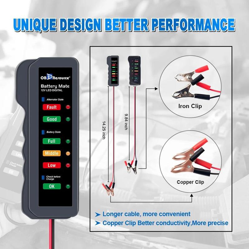 Product Introduction of Car Battery Tester 12V for Car Motorcycle BM310 6 LED Display Automotive Battery Alternator Tester Scanner Car Diagnostic Tool 18