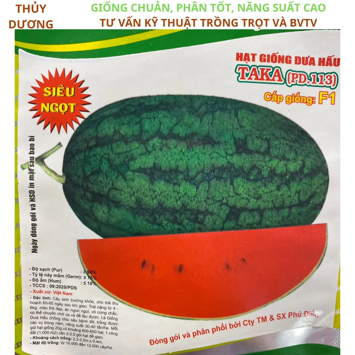 Hạt giống dưa hấu siêu ngọt quả bầu dục (ruột giòn, ngọt) gieo trồng quanh năm.