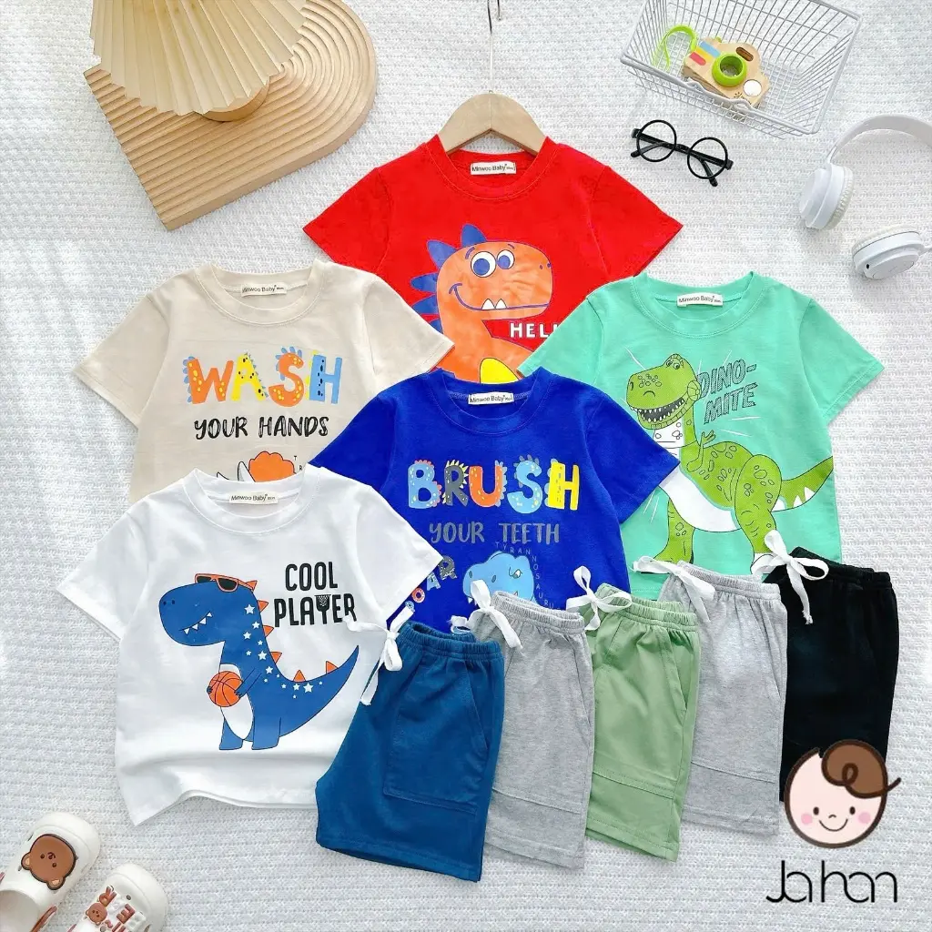 [BÉ 9-25KG] Bộ Cộc Tay Cho Bé Trai KIMCHIBABY Vải Cotton 4C Hoạ Tiết Khủng Long, Đồ Bộ Ngắn Tay Cho Bé Mặc Hè K525