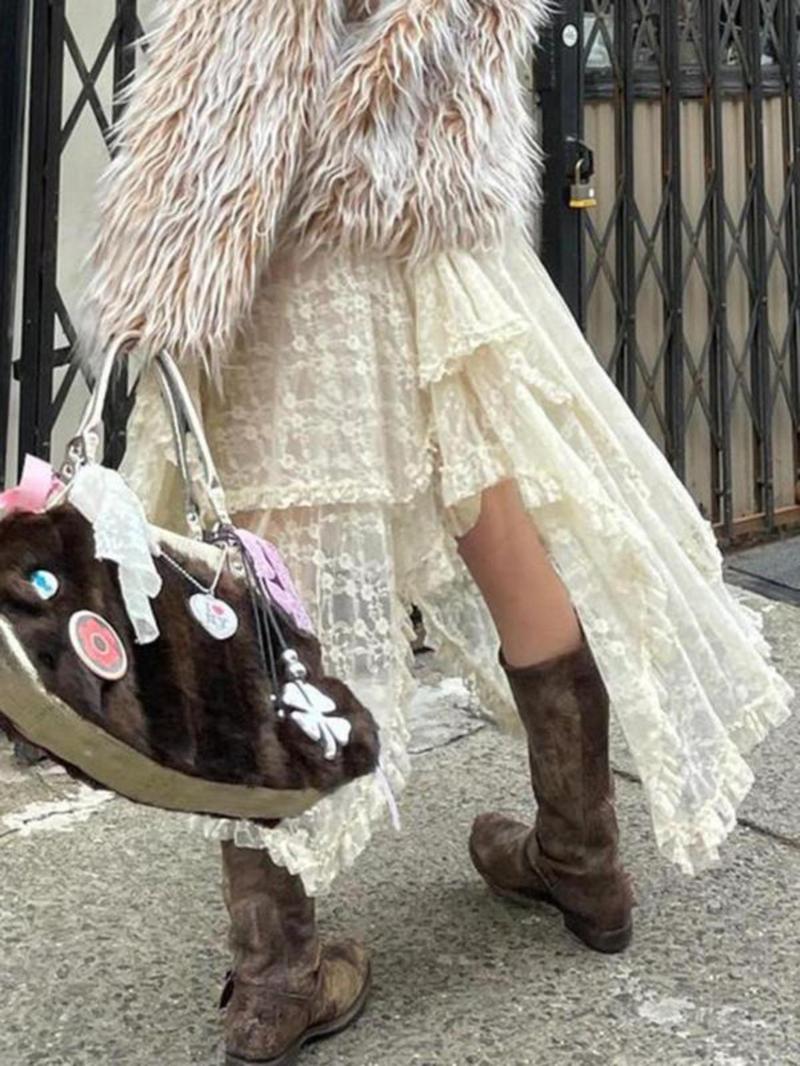 Product Introduction of Women's Floral Lace Asymmetrical Hem Skirt, Retro Frill Trim Elastic Waist Skirt for Party Holiday, Ladies Bottoms for All Seasons 4