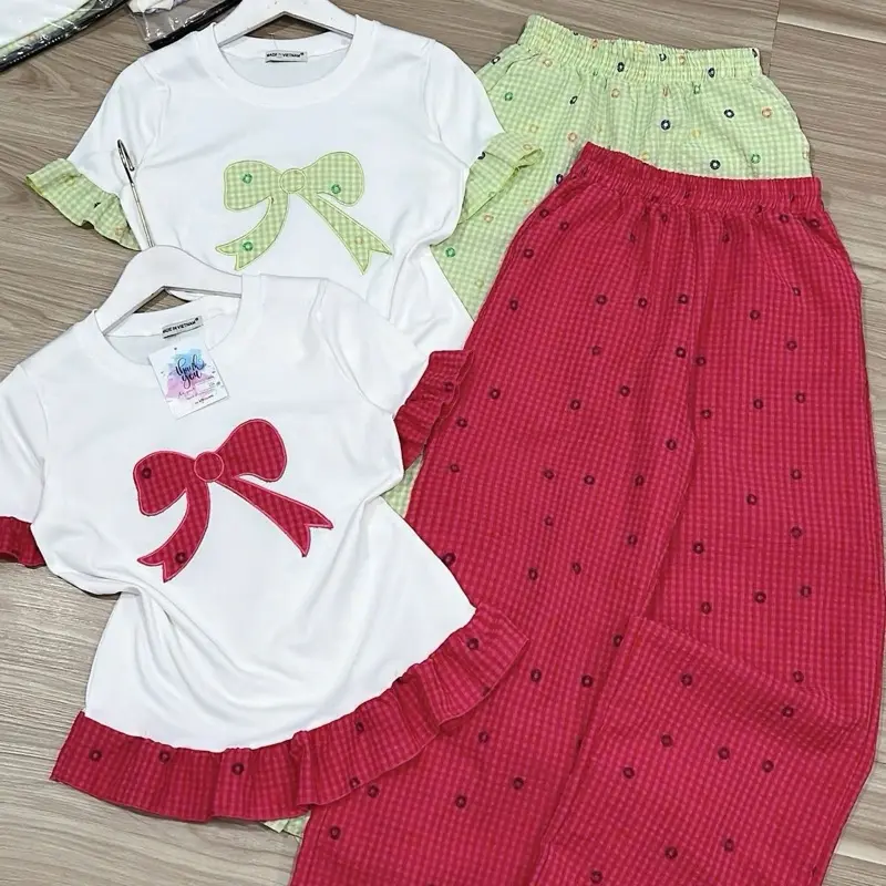 Set nơ thiêu phối bèo quần ống suông áo tăm lạnh quần đũi TTshop Nữ 2
