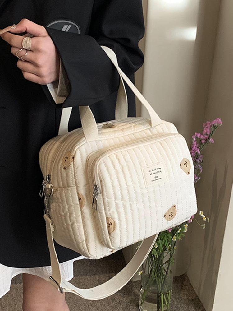 Product Introduction of Cute Bear Flower Embroidery Pattern Baby Beige Cotton Fabric Zipper Diaper Handbag New Luggage Bag 20