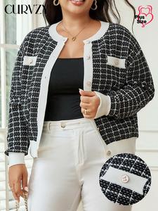 CURVZY Plus Size Contrast Binding Button Front Cardigan, Casual Drop Shoulder Long Sleeve Cardigan, Women's Knitwear for Spring & Fall