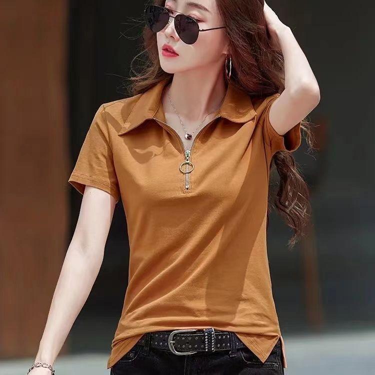 Áo Sơ Mi Nữ, Áo Phông Ngắn Tay, Hàng Mới Về Mùa Hè 2024, Cổ Polo Có Khóa Kéo, Thời Trang, Thanh Lịch, Kiểm Soát Bụng, Mỏng Vừa Vặn, Áo Sơ Mi Màu Trơn 3