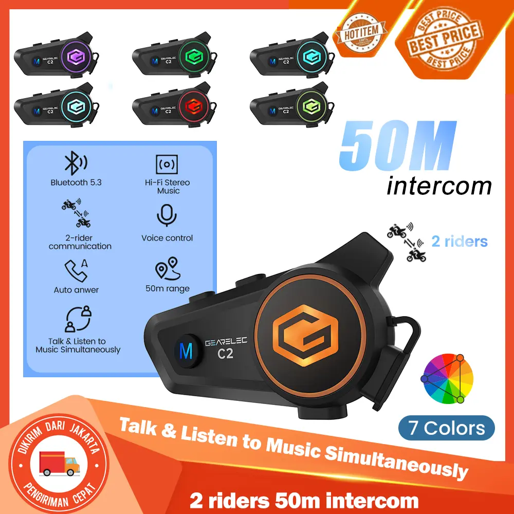 Intercom GEARELEC C2 BT5.3 Helm Sepeda Motor 2 riders 50m Bluetooth Interkom IPX7 waterproof 2800mAh