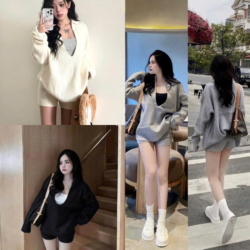 ( kèm áo bra, không kèm phụ kiện túi ) Sét Bộ Len Qc 3 Món : Áo Cổ Bẻ Mix Quần Sooc Đùi Chất Len Tăm qc Dầy Đanh Đẹp Dễ Mặc Dành Cho Nữ by T.LINH STORE 68 Kem Nhung