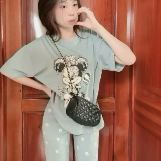 sét thun gân quần loe phối hình dễ thương fom <55kg