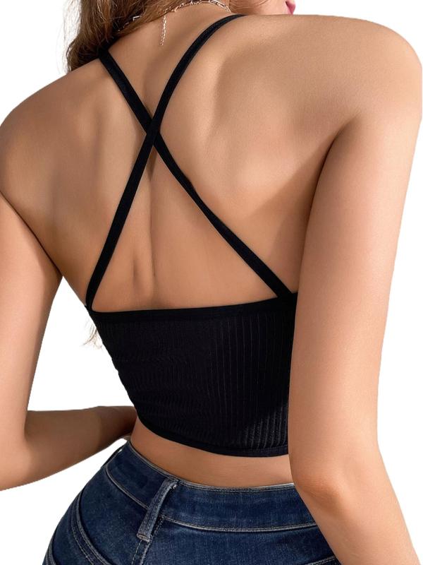 Women's Plain Criss Cross Contrast Mesh Sheer Sexy Lingerie Top, Casual Soft Breathable Sleeveless Crop Cami Top for Summer, Fashion Women's Lingerie for Daily Wear 1