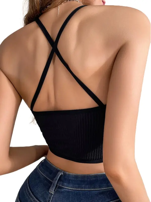Women's Plain Criss Cross Contrast Mesh Sheer Sexy Lingerie Top, Casual Soft Breathable Sleeveless Crop Cami Top for Summer, Fashion Women's Lingerie for Daily Wear 1