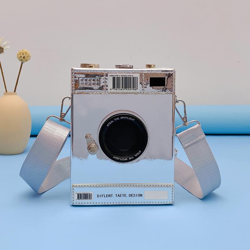 Product Introduction of Mini Camera Design Box Bag, Fashion Letter Patch Decor Crossbody Purse With Wide Strap 1